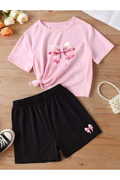 Serays moda Ribbon printed girls' combed cotton shorts set