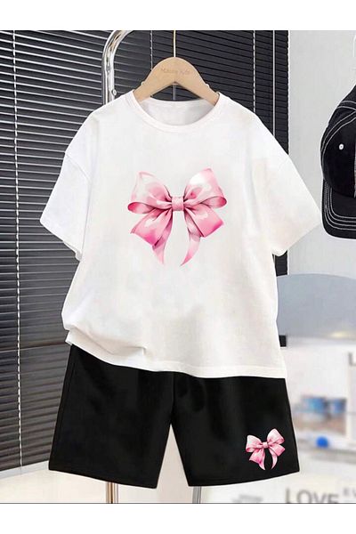 Serays moda Ribbon printed girls' combed cotton shorts set