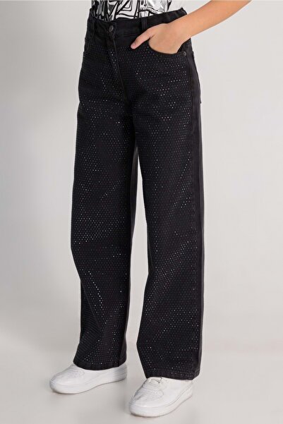 wakawakakidsstore Taş Baskılı Geniş Paça Ayarlanabilir Belli Kız Çocuk Kot Pantolon - Siyah