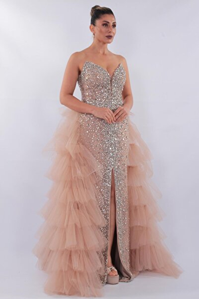 aşkın göksu Bej Beden Komple Taş İşlemeli Kat Kat Tül Kuyruklu Önden Yırtmaçlı Kadın Abiye