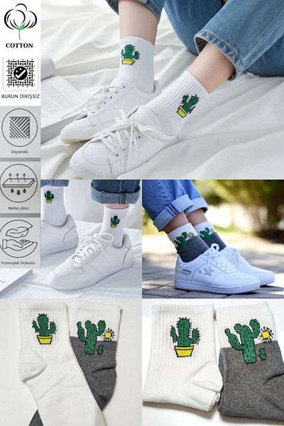 Lynare 2-Piece Extra Comfortable Quality Cactus Patterned Scented Seamless College Tennis Socks