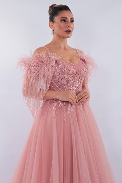 aşkın göksu Pudra Düşük Kol Beden Boncuk Payet İşlemeli Kabarık Kadın Abiye