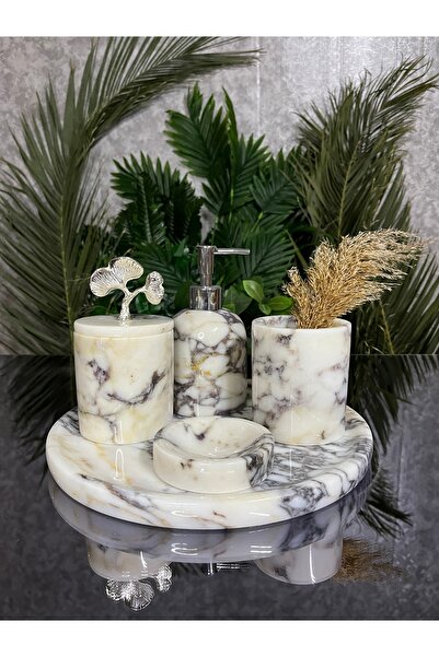 Etka Marble Design 5 Li Menekşe Mermer Banyo Seti Gümüş Aksesuarlı Ev Banyo D...