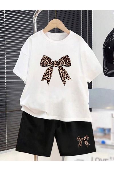 Serays moda Ribbon printed girls' combed cotton shorts set