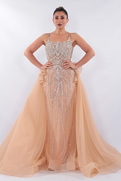 aşkın göksu Bej İp Askılı Beden Taş İşlemeli Kuyruklu Kadın Abiye