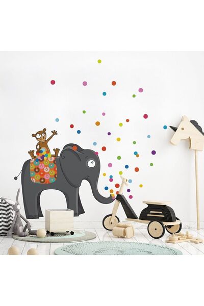 KT Decor Veseli set zidnih naljepnica za dečju sobu sa slonom i majmunom, 100...