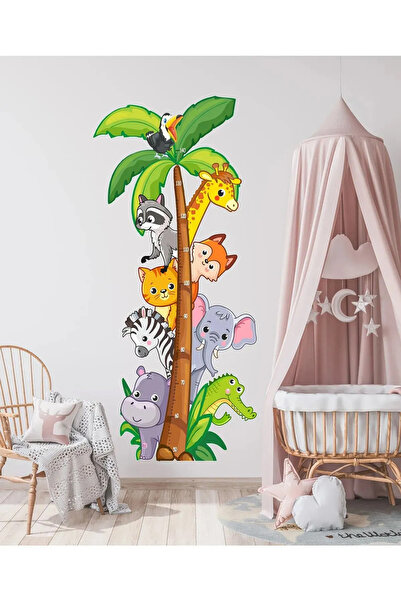 KT Decor Safari Hayvanlar Temalı Boy Ölçer Çocuk Odası Çok Amaçlı Dolap Duvar...