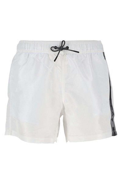 EA7 Men's White Swim Trunks with Stripe Sides and Elastic Waistband and Drawstring Tie Quick Drying Stretchy Fabric 7m00