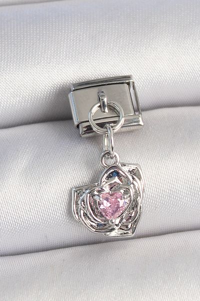 Skygo 316L Steel Silver Color Pink Zircon Stone Heart Rose Model Nomination Charm - Tj-Bc1335