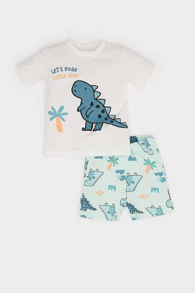 DeFacto Baby Boy Waffel 2 Stück Set Dinosaurier gedruckt Kurzarm T-Shirt Shorts mit elastischem Bund E8375a525sm