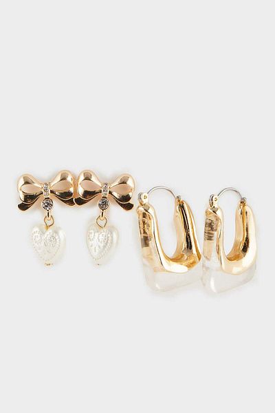 DeFacto Women's 2-Piece Pearl Detailed Gold Earrings F0718Axns