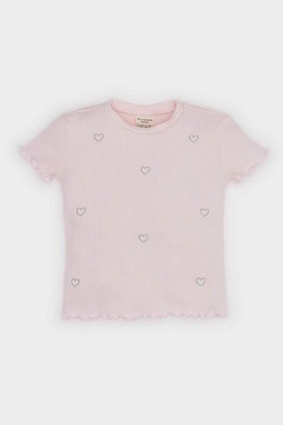 DeFacto Baby Girl Crew Neck Heart Patterned Ribbed Camisole Short Sleeve T-Shirt F3692A525Sm