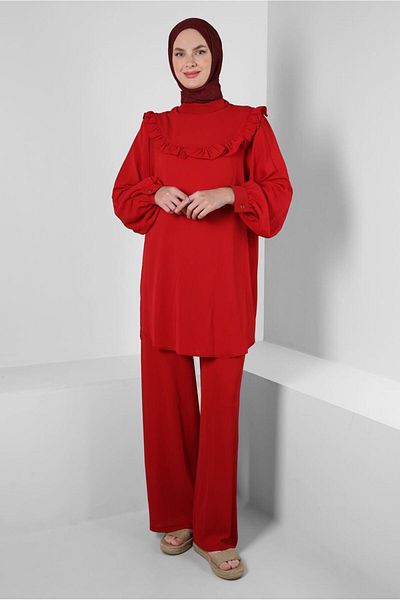Alvina Ruffle Detailed Balloon Sleeve Trousers Suit 43861