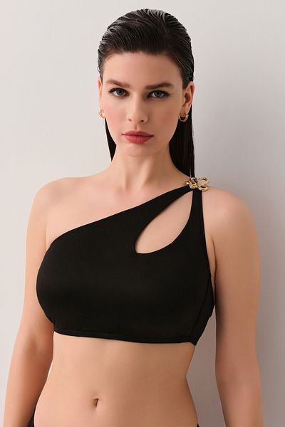 SUWEN Noir One Shoulder Detailed Bralet Bikini Top