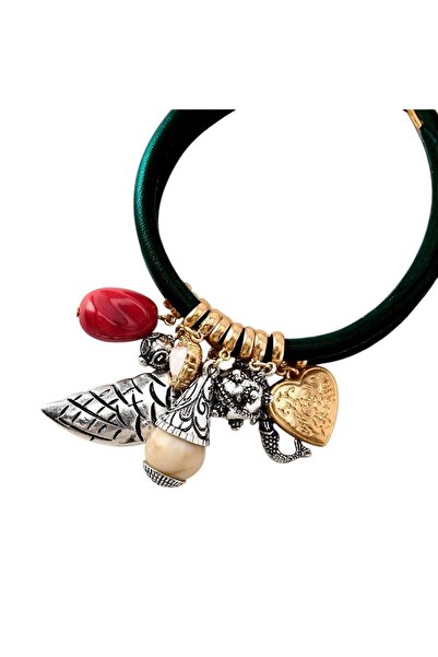 neslyaccessories سوار من الجلد الأسود مع تفاصيل سحر السمكة الثنائية، تصميم ذهبي وفضي مختلط