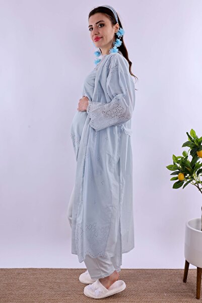 ByLohusa Effortt Mavi Fistolu Sabahlıklı Hamile Lohusa Pijama Takımı