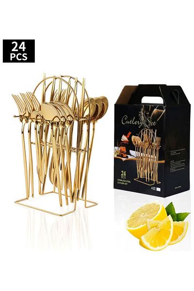 COOYA 24-Piece Gold Tableware Set, Stainless Steel for 6 with Forks, Spoons & Knives