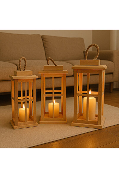 DesignWooden Ahşap Mumluk Fener Şamdan Dekoratif Kafes Üçlü Takım