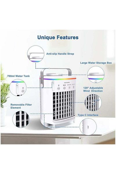 COOYA 700ml Air Cooler, 4 Fan Speeds, 7 Colors of Light, Portable, Suitable for Office and Home Use, White