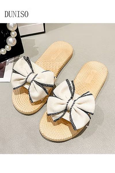 Generic Duniso Women's Luxury Bowknot Flat Slippers Open Toe Round Toe Casual Sandals Summer Beach Travel