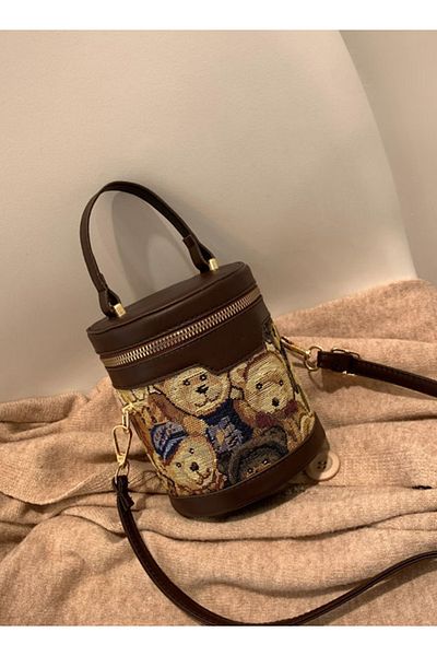 ETG Cute Bear Printed Ladies Zipper Round Bucket Handbag Cross-body Shoulder Bag for Women