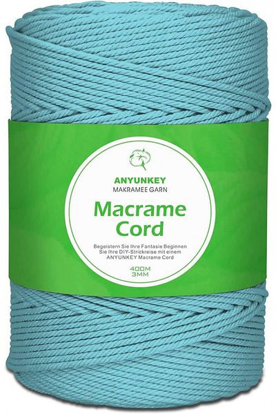 ANYUNKEY Macrame Craft Roll, Cotton, Light Blue, 400m X 3 Mm