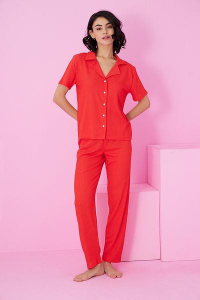 Siyah İnci Pomegranate Flower Bürümcük Crinkle Fabric Knitted Buttoned Pajama Set7873