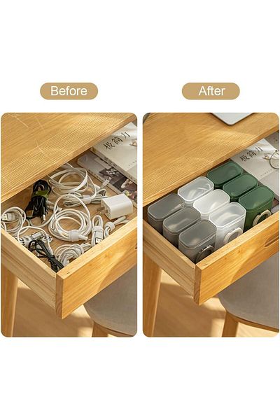 COOYA 3-Pack Small Storage Box, With Lid and Phone Holder, Translucent, For Drawers, Cables, Chargers