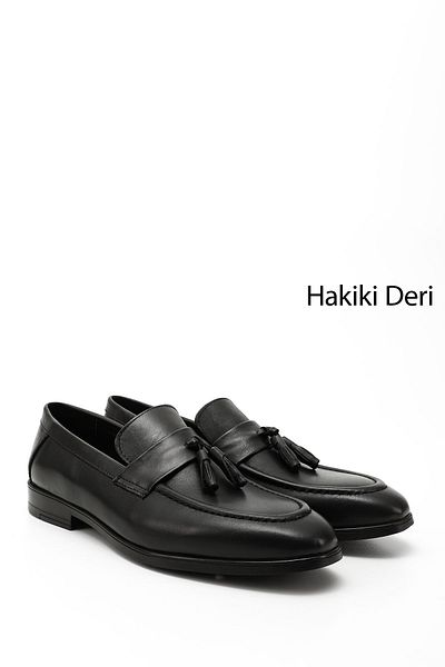 GÖNDERİ(R) Men's Black Tasseled Genuine Leather Loafer Shoes