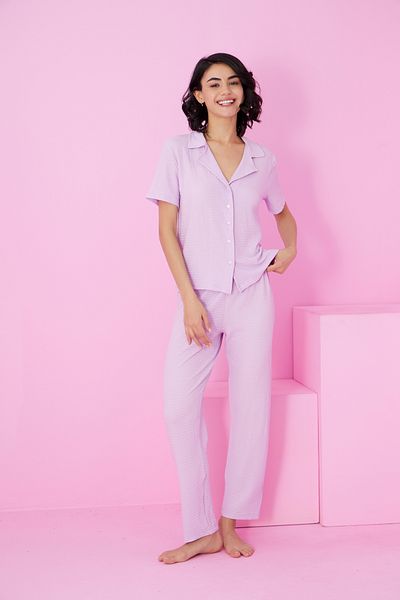 Siyah İnci Lilac Wrinkled Crinkle Fabric Knitted Buttoned Pajama Set7873