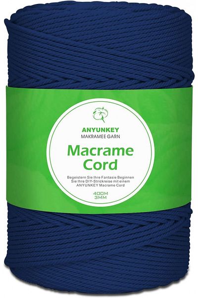 ANYUNKEY Macrame Craft Roll, Cotton, Dark Blue, 400m X 3 Mm