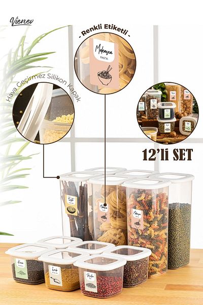 Vienev 12-Piece Foy Square Food Storage Container with Colored Labels 6x (0.55 Liters, 1.75 Liters) White