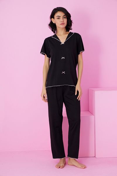 Siyah İnci Black Bow Knitted Pajama Set7871