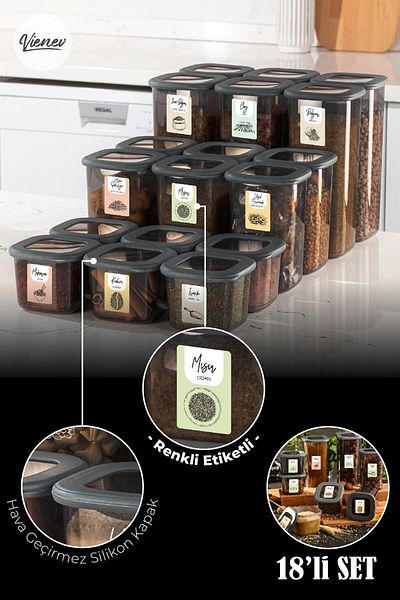 Vienev 18 Pieces Foy Square Food Storage Container with Colorful Label 6x (0.55 Liters, 1.2 Liters, 1.75 Liters) Anthracite