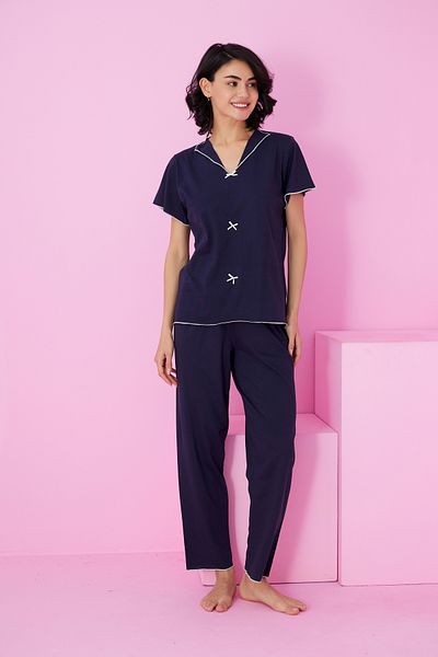 Siyah İnci Navy Blue Bow Knitted Pajama Suit7871