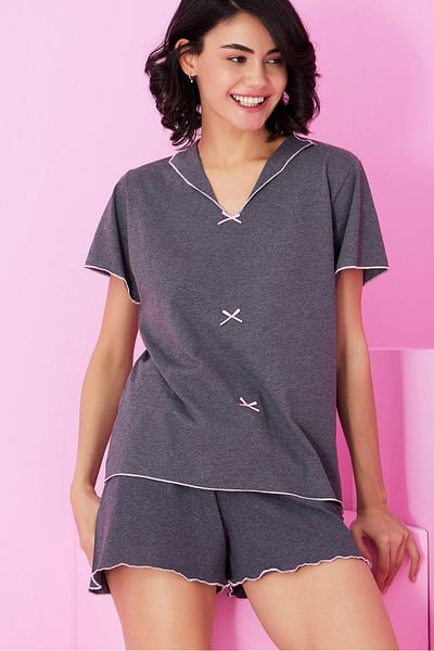 Siyah İnci Anthracite Bow Knitted Shorts Set7872
