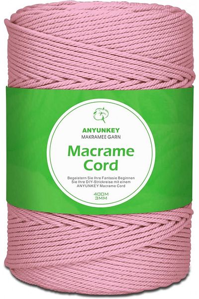ANYUNKEY Macrame Craft Roll, Cotton, Pink, 400m X 3 Mm