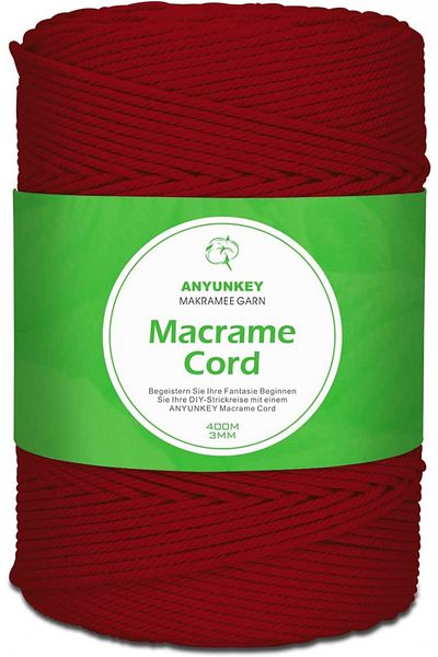ANYUNKEY Macrame Craft Roll, Cotton, Dark Red, 400m X 3 Mm