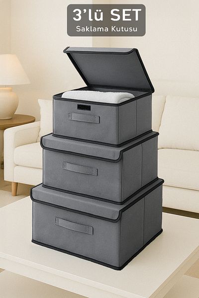 Meleni Home 3-Door Storage Box Set - Multipurpose Gray Closet Organizer