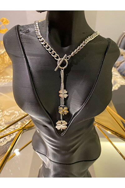 İME TİCARET Paslanmaz Çelik Kalın Zincir Metal Renk Yonca Uzun Sallantılı Kolye