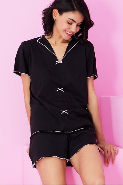 Siyah İnci Black Bow Knitted Shorts Set7872