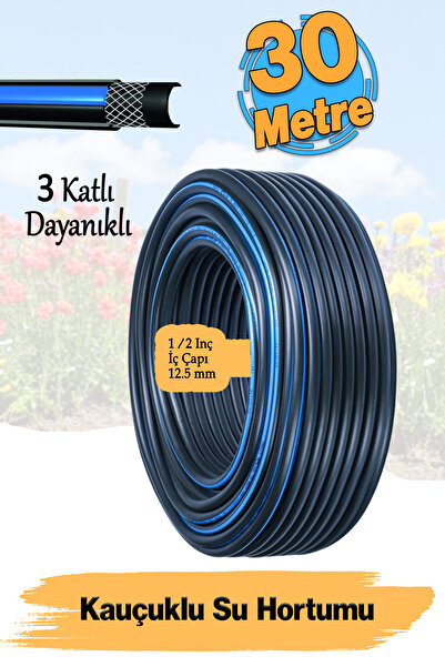 Badem10 Termo Kauçuklu Bahçe Hortumu 30 Metre Dayanıklı 3 Katlı Sağlam Su Sul...