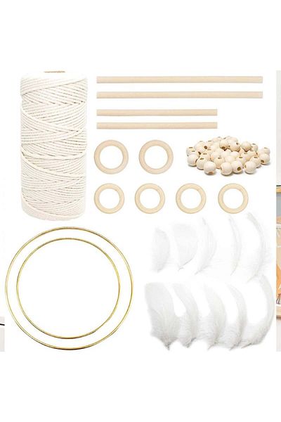 LLGLEU Creation Set With Macrame Thread, Rings And Beads, Approx. 80 Pieces, Cotton/wood/feathers