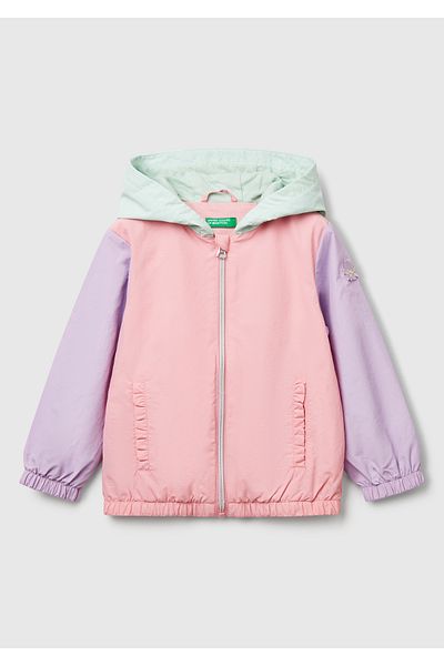 United Colors of Benetton Girl's Pink Mix Sleeve Logo Detailed Lined Hooded Raincoat