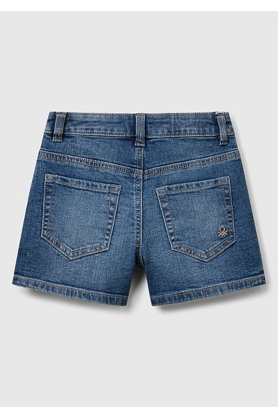 United Colors of Benetton Girl's Dark Denim Stone Wash Logo Embroidered Stretch Denim Shorts
