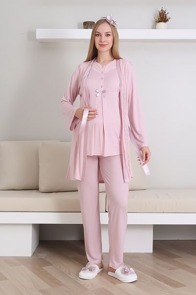 ERDENİZ TEKSTİL Maternity Pajama Set / Short Sleeve Pajama Long Lace Detail Dressing Gown Set / Maternity Cotton Pajama