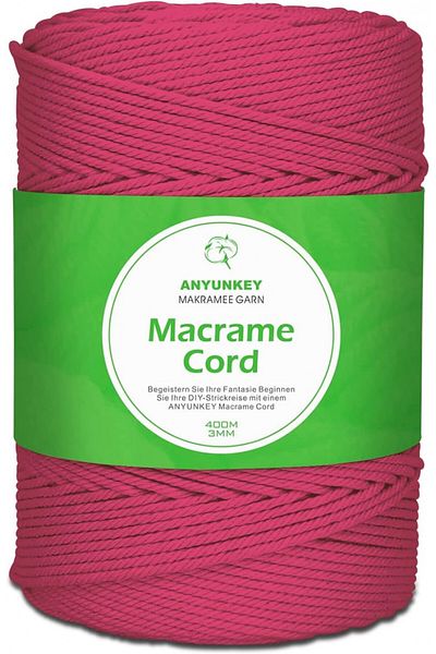 ANYUNKEY Macrame Craft Roll, Cotton, Cyclamen, 400m X 3 Mm