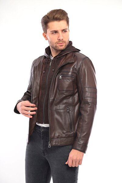 DeriWork Hakiki Kuzu Derisi Fermuarlı Kapşonlu Erkek Ceket Kahverengi