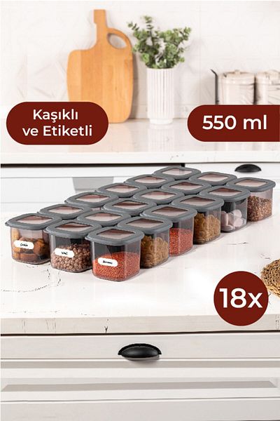 Vienev Foly Square Food Storage Container Set with Labeled Spoon 18 Pieces 0.55 Small Size Anthracite