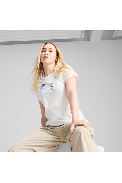 Puma Γυναικείο λευκό μπλουζάκι με λογότυπο γραφικών Floral Cat